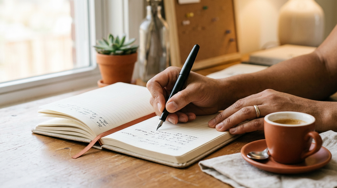 Hands writing in a notebook with a fountain pen on a cream desk
