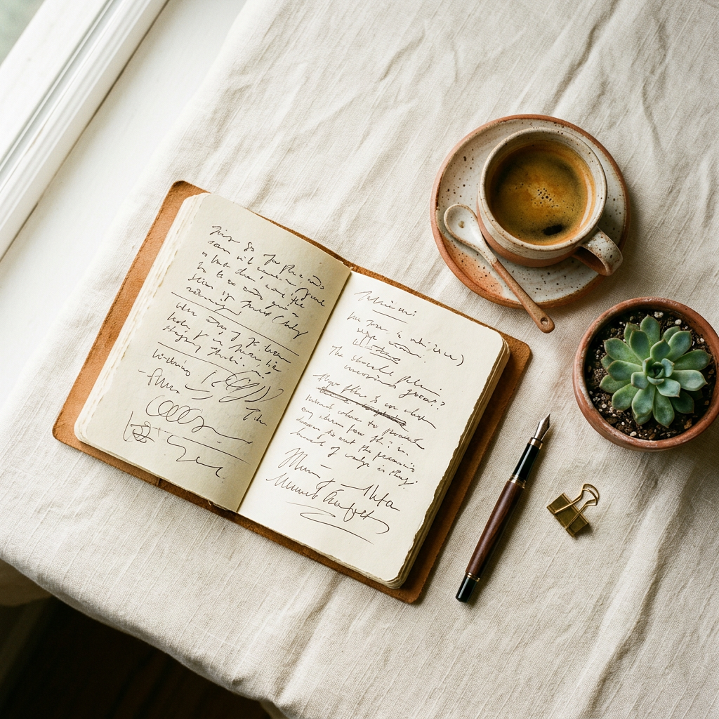 Overhead view of a notebook, coffee, and plant on a cream-colored desk