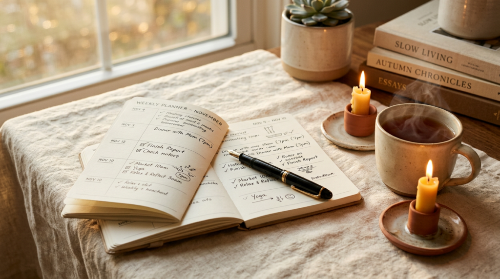 Open weekly planner, mug of tea, and a lit candle on cream linen in warm light